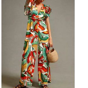 FARM Rio Ruffle-Sleeve Linen Jumpsuit Tropical